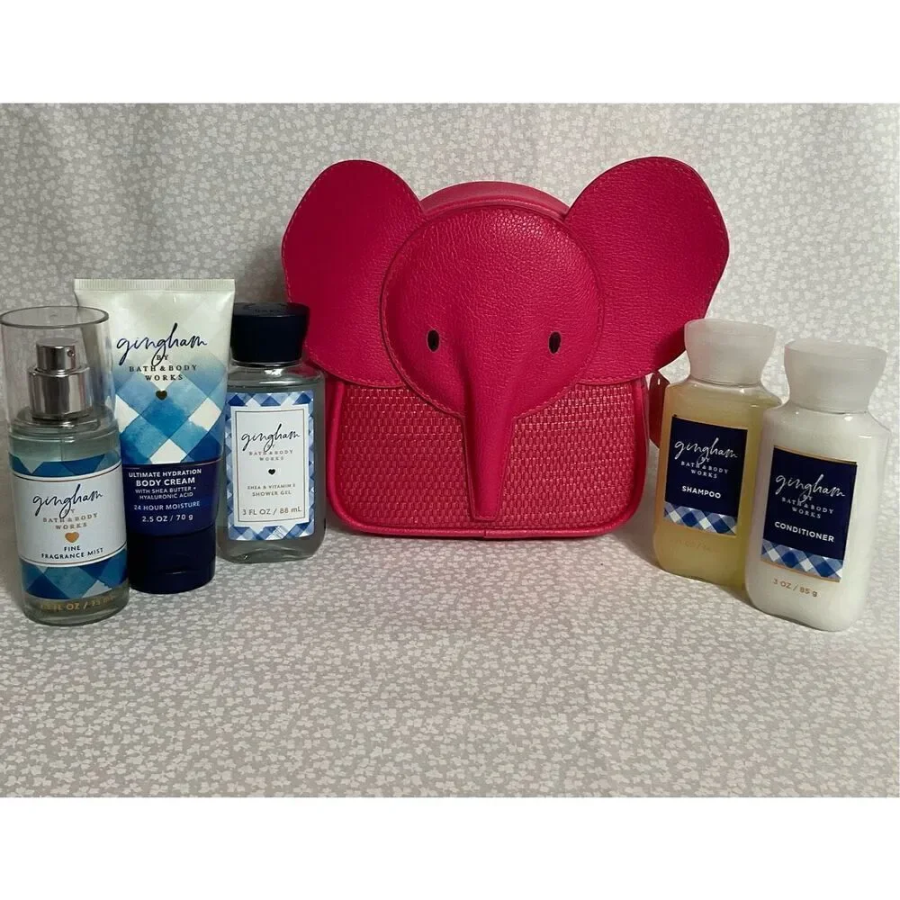 Bath and Body Works Pink Elephant Cosmetic Case  and GINGHAM 5 pc Travel Size